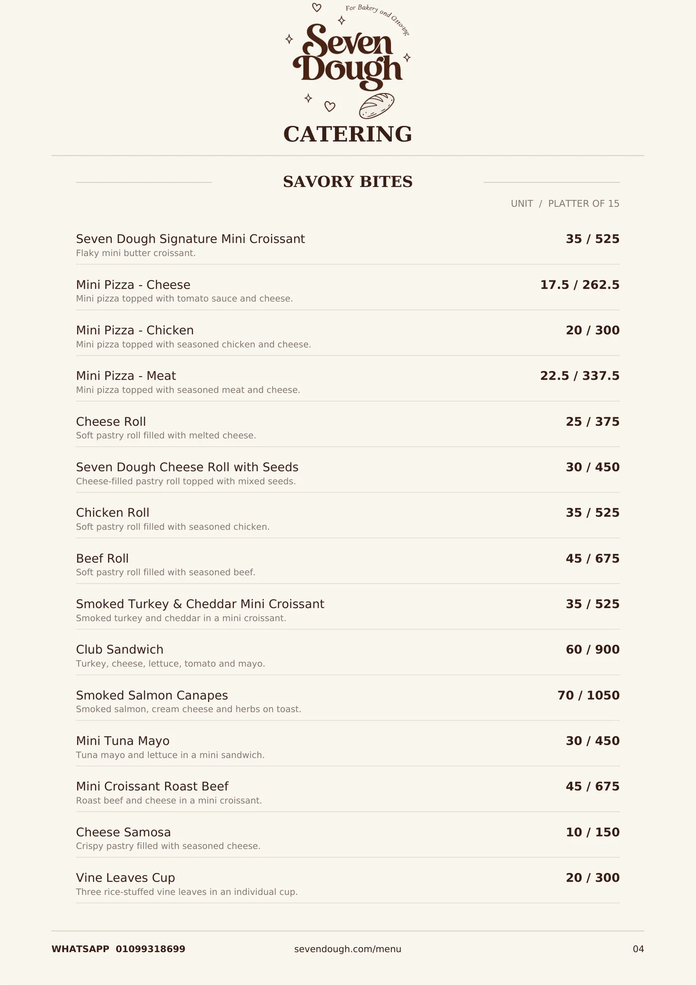 Seven Dough menu, page 4: Catering · Savory bites