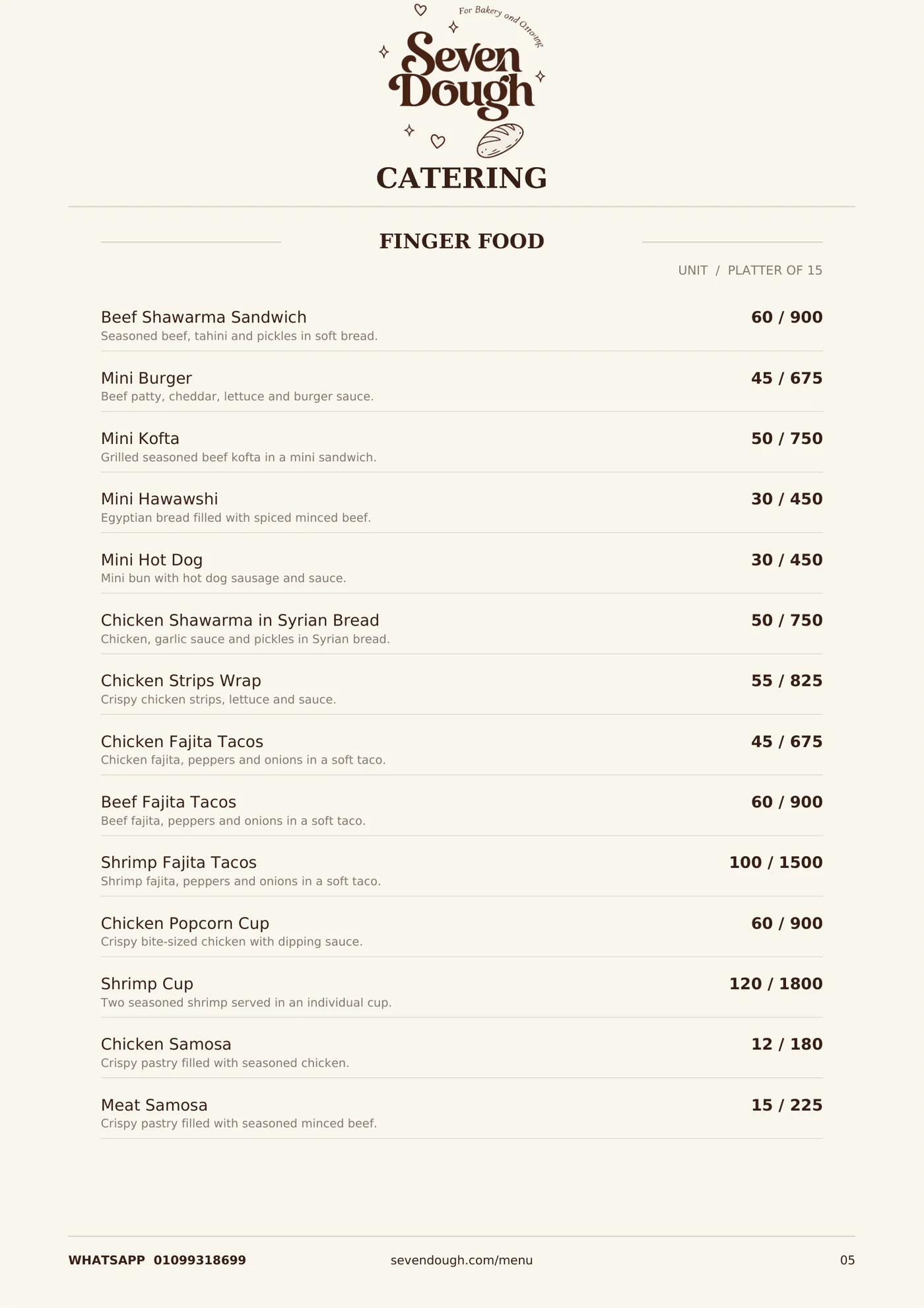 Seven Dough menu, page 5: Catering · Finger food
