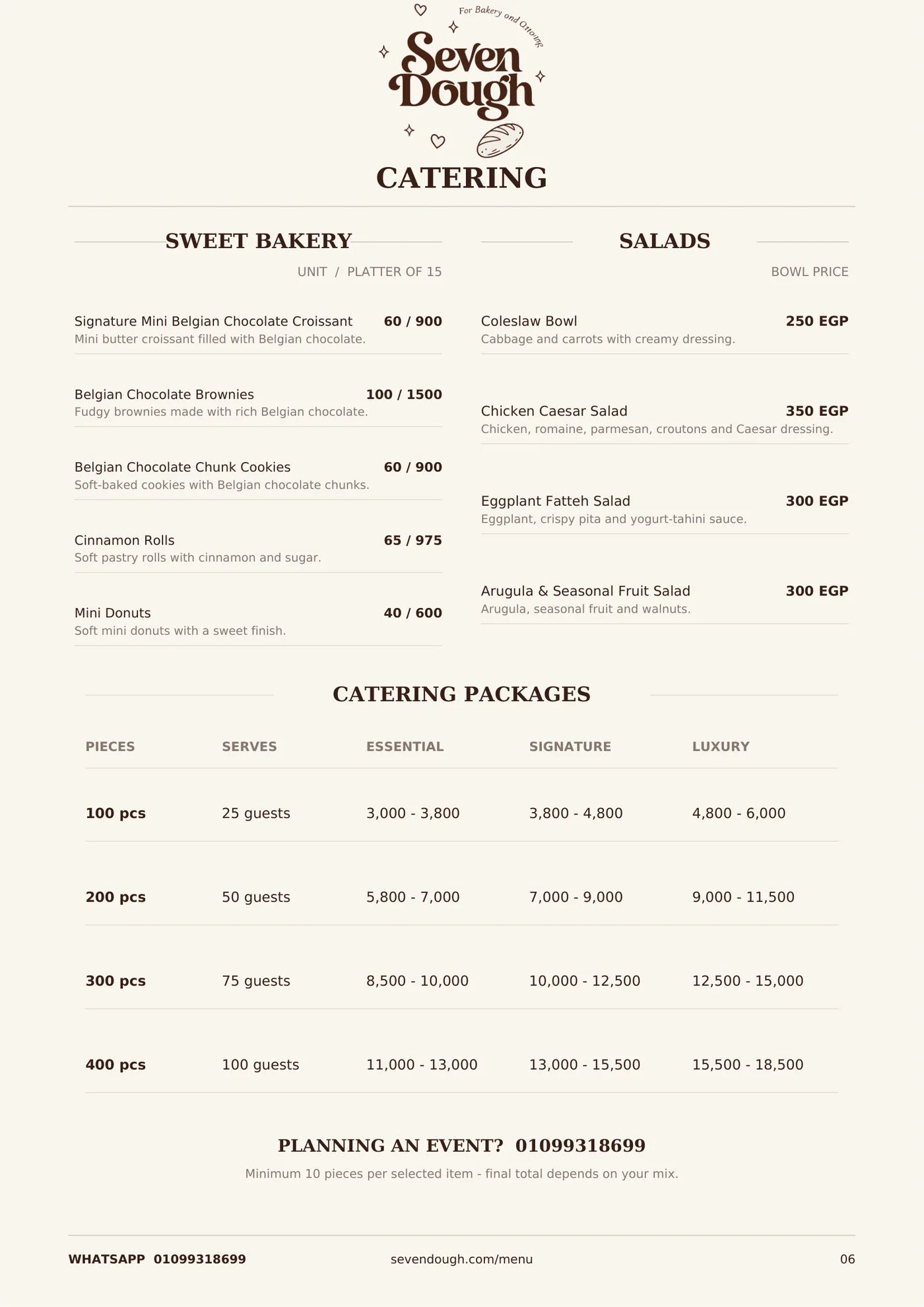 Seven Dough menu, page 6: Catering · Sweets & packages